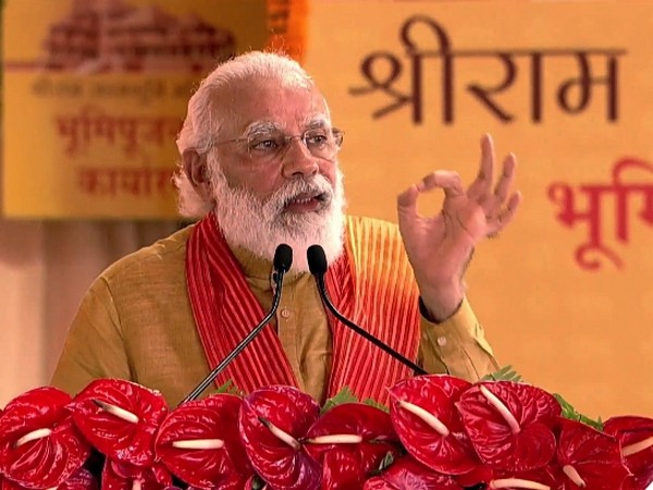 Prime Minister Narendra Modi speaking at the Ram Janmabhoomi on Wednesday in Ayodhya. (Photo/ANI)