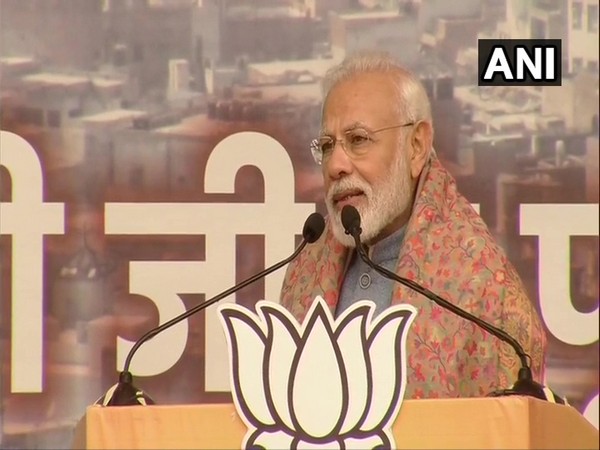 Prime Minister Narendra Modi addressing a public rally at Delhi's Ramlila ground on Sunday. Photo/ANI