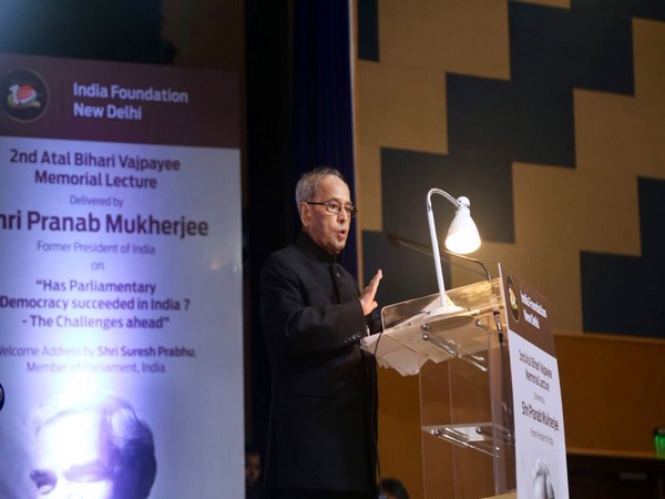 Former President Pranab Mukherjee delivering the Atal Bihari Memorial lecture organised by India Foundation in New Delhi on Monday. Photo/ANI