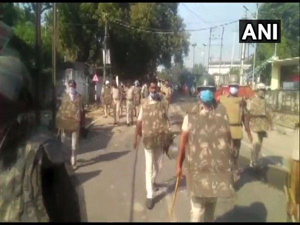 A visual from the flag march conducted by police in Munger, Bihar on Thursday. (Photo/ANI)