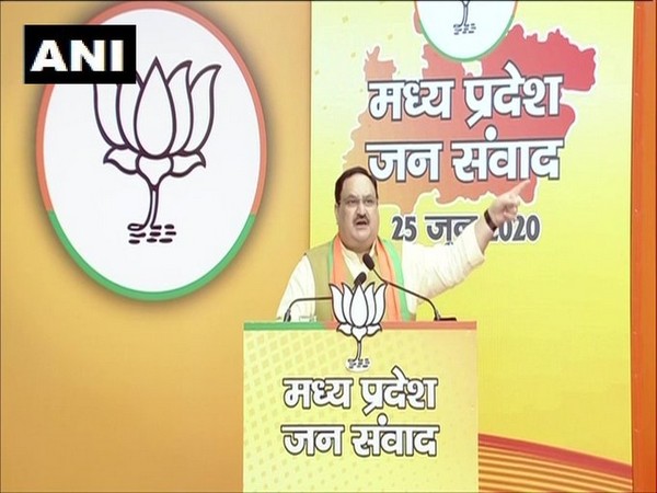 BJP president Jagat Prakash Nadda speaking at the 'Madhya Pradesh Jan Samvad Rally' on Thursday.