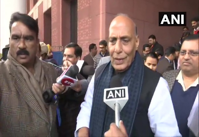 Union Minister Rajnath Singh speaking to media outside BJP headquarters in New Delhi on Monday.
