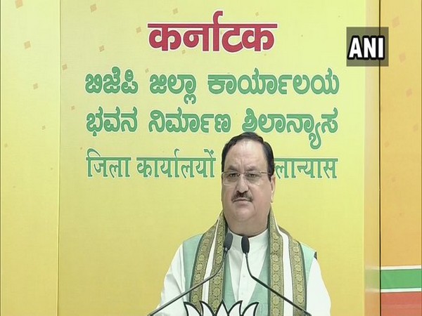 BJP president JP Nadda at 'Bhoomi Pujan' of party district offices in Karnataka via video conferencing. Photo/ANI
