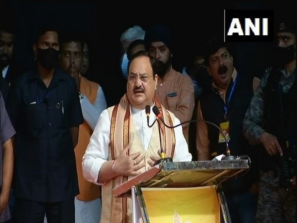 BJP Chief JP Nadda addressing 'Lokkho Sonar Bangla'  intellectuals meet in Kolkata on Thursday. (Photo/ANI)