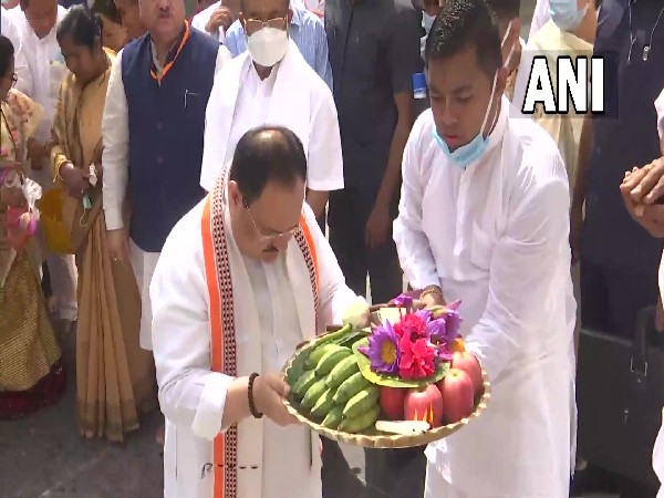 BJP national president JP Nadda offers prayer at Shri Govindji Temple in Imphal on Sunday. (Photo/ ANI)