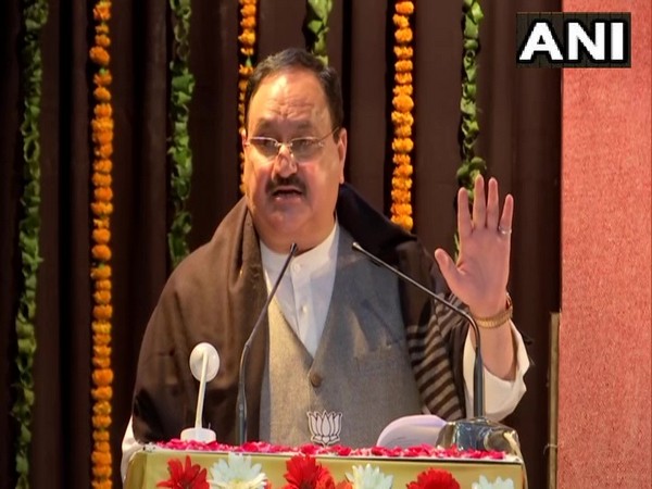 BJP chief JP Nadda addressing party workers in Dehradun on Sunday. (Photo/ANI)
