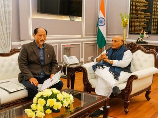 Nagaland Chief Minister Neiphiu Rio with Defence Minister Rajnath Singh in New Delhi.
