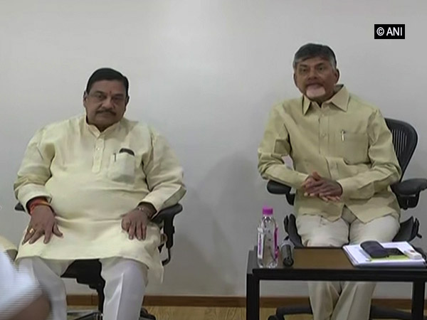 TDP chief Nara Chandrababu Naidu (right) during the party meeting in Amaravati, Andhra Pradesh.