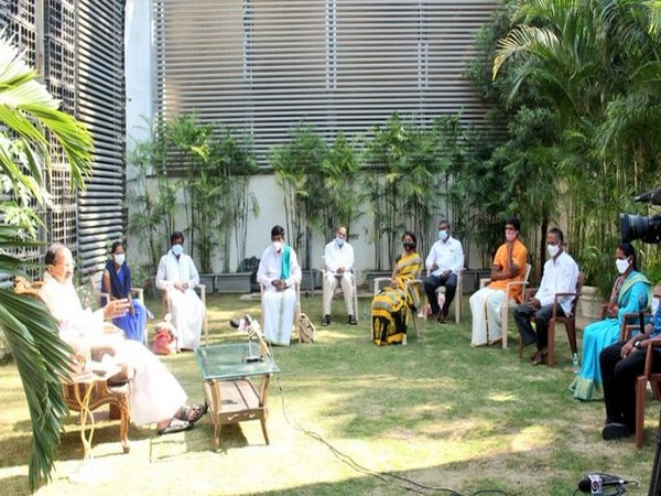 VP M Venkaiah Naidu holding meeting with farmers at his residence in Hyderabad on Wednesday. (Photo/ANI)