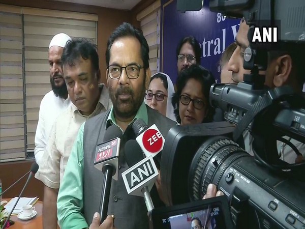 Union Minister for Minority Affairs Mukhtar Abbas Naqvi talking to mediaperson in New Delhi on Wednesday. (Photo/ANI)