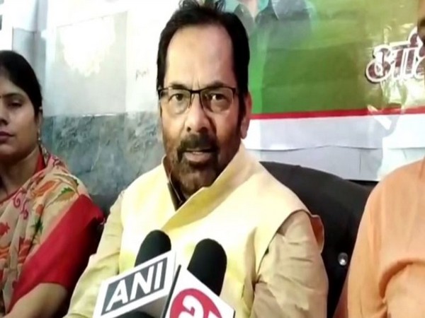 Union Minister Mukhtar Abbas Naqvi speaking to media in Rampur on Sunday. Photo/ANI