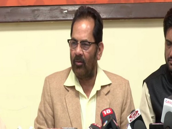 Union Minister for Minorities Mukhtar Abbas Naqvi speaking to reporters in Mumbai on Saturday. Photo/ANI
