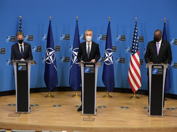NATO chief Jens Stoltenberg, along with US State Secretary Antony Blinken and Pentagon chief Lloyd Austin, during a presser in Brussels. (Photo Credit: NATO Twitter)