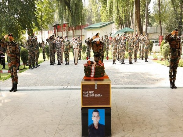 Indian Army on Tuesday paid homage to Gunner Bhupender, who was killed in Pakistan-initiated ceasefire violation in Naugam in Jammu and Kashmir's Kupwara on September 5. 