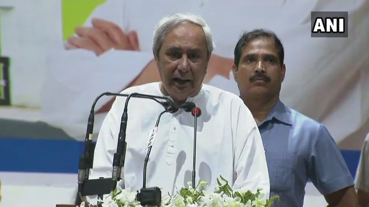 Odisha CM Naveen Patnaik addressing an event in Kendrapara on Sunday