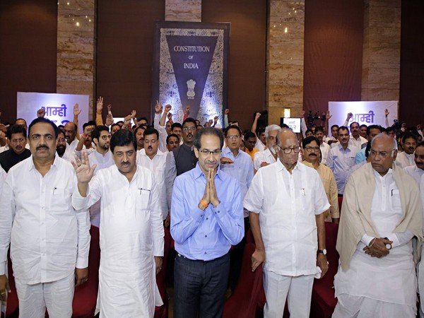 NCP chief Sharad Pawar, Congress leader Mallikarjun Kharge and Shiv Sena chief Uddhav Thackeray during a meeting with MLAs at Hotel Grand Hyatt in Mumbai on Monday. (ANI Photo)