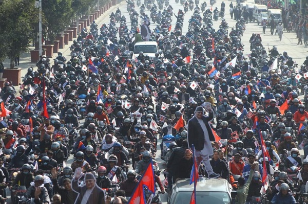 Hundreds of bikers rallied in Nepal's capital Kathmandu on Wednesday in support of caretaker Prime Minister KP Sharma Oli as he calls for a mass assembly this weekend.