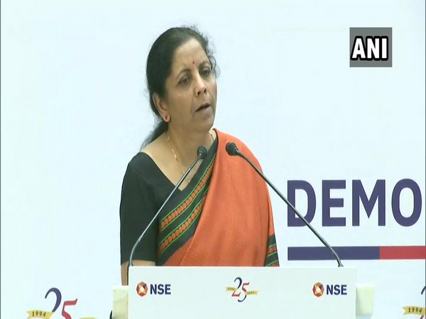 Finance Minister Nirmala Sitharaman speaking at NSE event in Mumbai on Tuesday.