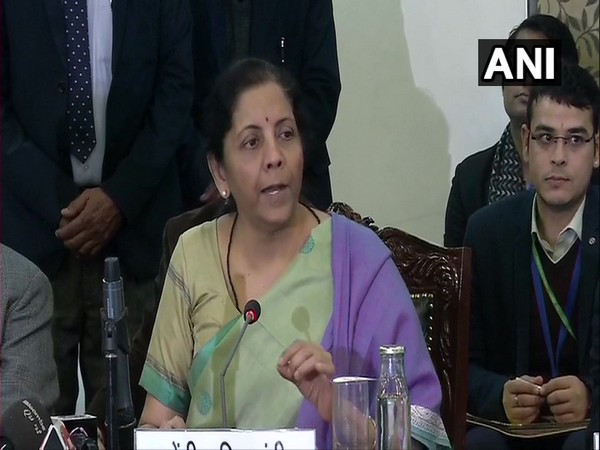 Finance Minister Nirmala Sitharaman speaking to reporters in New Delhi.