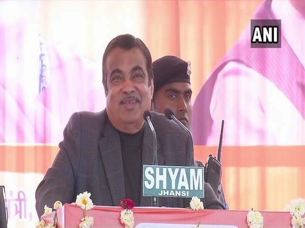 Nitin Gadkari addressing a gathering in Jhansi on Sunday.