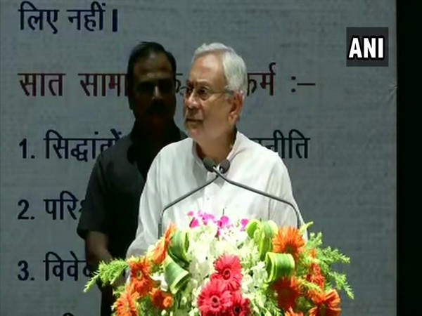 Chief Minister Nitish Kumar speaking at an event in Patna on Wednesday. Photo/ANI