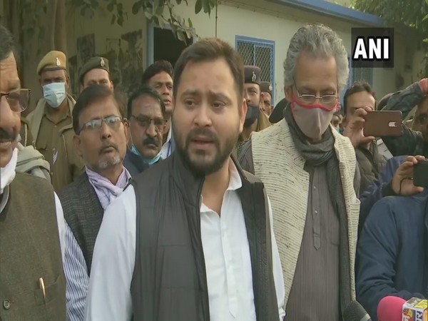 Rashtriya Janata Dal (RJD) leader Tejashwi Yadav speaking to media in Patna on Sunday. (Photo/ANI)