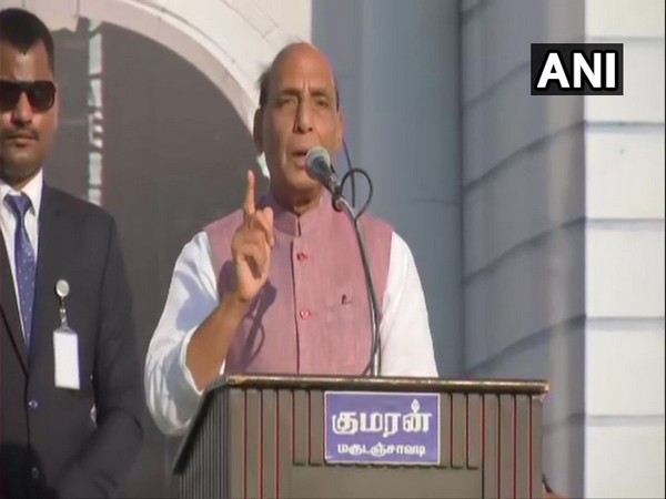 Defence Minister Rajnath Singh addressing BYJM convention in Salem on Sunday. (Photo/ANI)