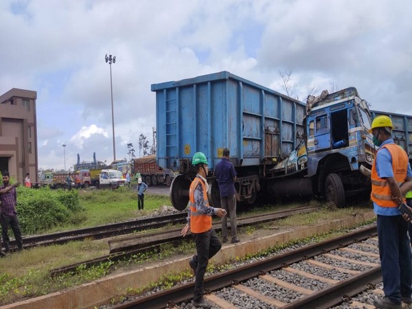 A truck collided with a train in the restricted area of the Paradip Port JSW site on Thursday. [Photo/ANI]