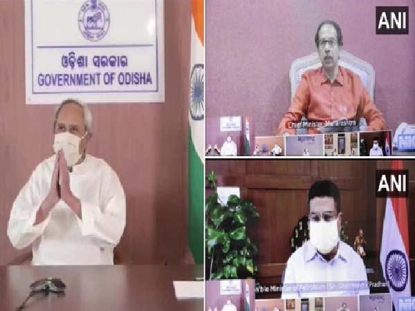 Odisha Chief Minister Naveen Patnaik on left, Maharashtra Chief Minister Uddhav Thackeray (on top right side) and  Union Minister Dharmendra Pradhan (on bottom right)