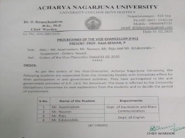 The order issued by Acharya Nagarjuna University in Guntur district of Andhra Pradesh.