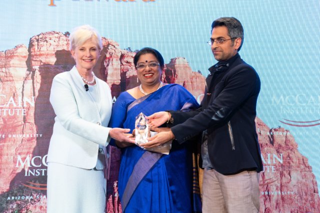 IPS officer Chhaya Sharma while recieving McCain Institute Award for Courage and Leadership 