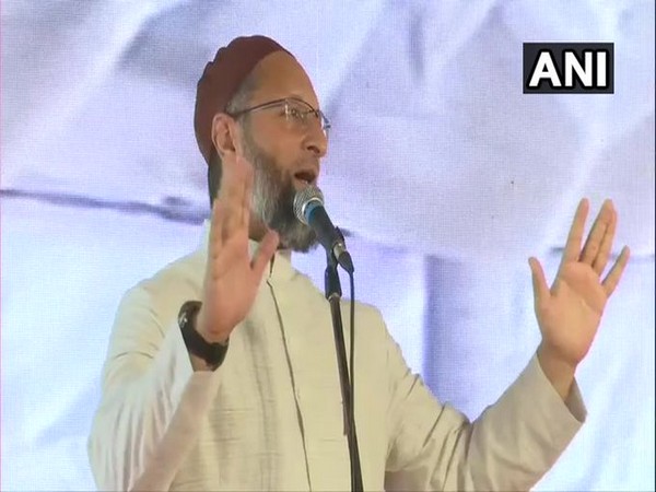 Asaduddin Owaisi speaking at the event in Hyderabad on Sunday. 