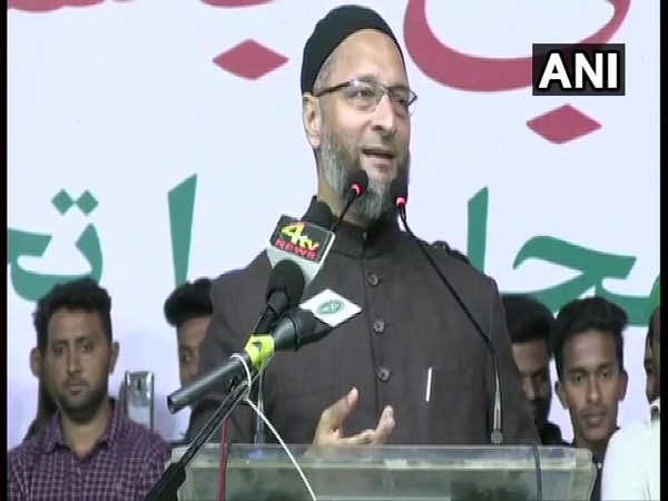 Owaisi addressing a gathering at Sangareddy on Monday. Photo/ANI