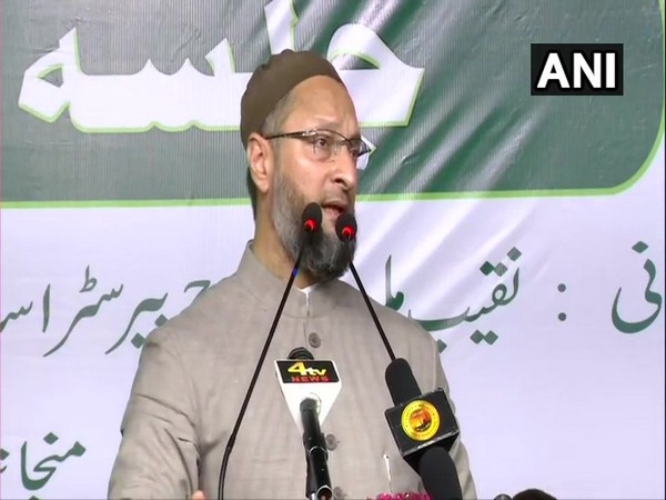 AIMIM president Asaduddin Owaisi addressing a public gathering in Hyderabad on Sunday.