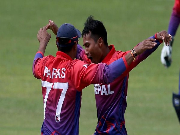 Nepal skipper Paras Khadka celebrating with teammate after securing their first ODI triumph (Photo/ICC Twitter)