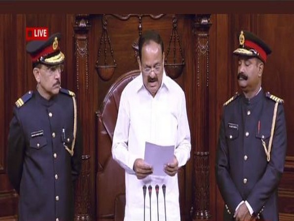 Marshals in their new uniforms in the Rajya Sabha on Monday while Chairman M Venkaiah Naidu conducting the proceedings of the House. Photo/ANI