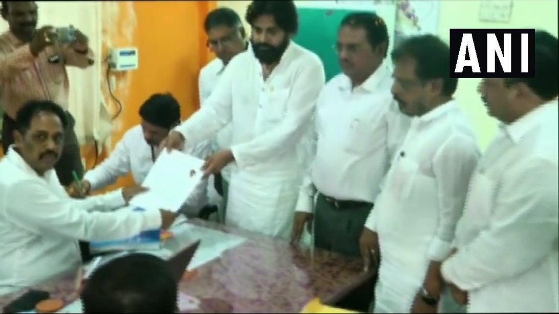 Pawan Kalyan on Thursday filed nomination papers for Gajuwaka and Bhimavaram Assembly constituencies. Photo/ANI 