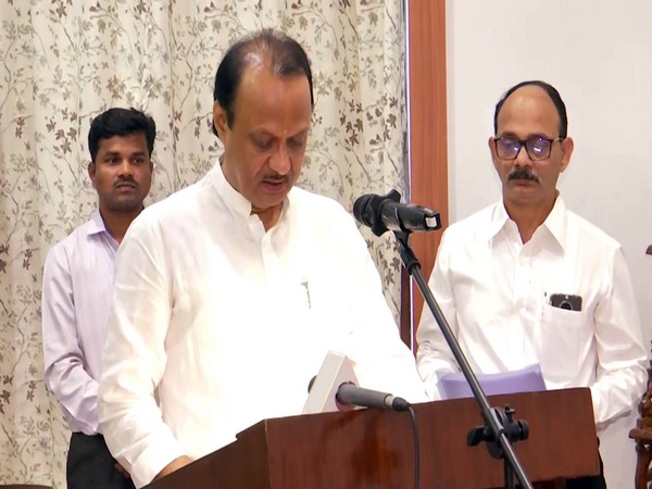 Visual of Ajit Pawar taking oath as Deputy Chief Minister of Maharashtra on Saturday morning at Raj Bhawan in Mumbai. Photo/ANI
