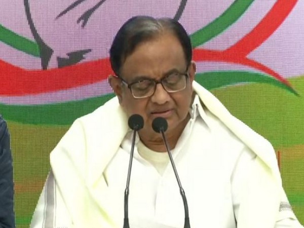 Congress leader P Chidambram addressing press conference in New Delhi on Saturday (photo/ANI)