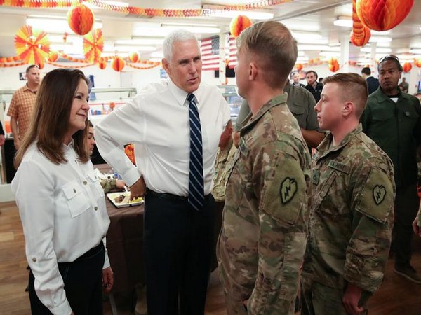 US Vice President Mike Pence and his wife Karen Pence greet troops at Camp Flores on Al Asad Air Base, Iraq.
