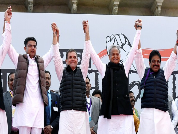 Congress leader Rahul Gandhi along with Rajasthan CM Ashok Gehlot, Deputy CM Sachin Pilot and party general secretary KC Venugopal in Jaipur on January 28. (Photo/ANI)