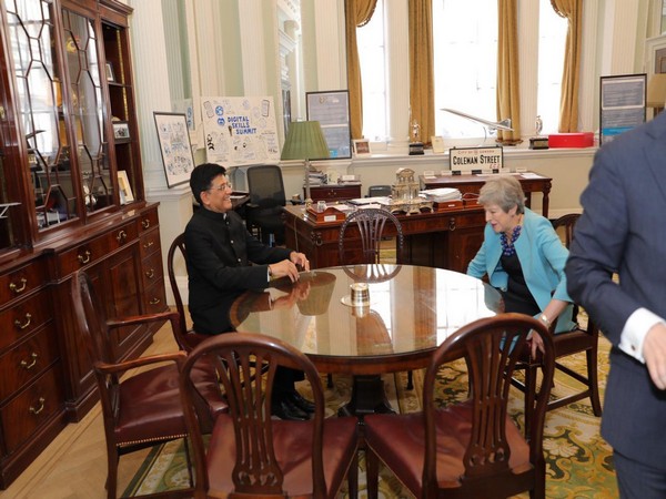 Union Minister Piyush Goyal meeting outgoing British PM Theresa May in London on Tuesday. (ANI/Photo)