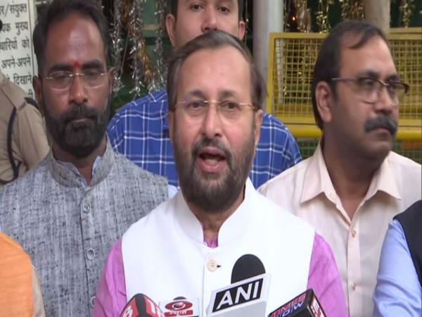 Prakash Javadekar talking to reporters after visiting EC on Sunday. Photo/ANI