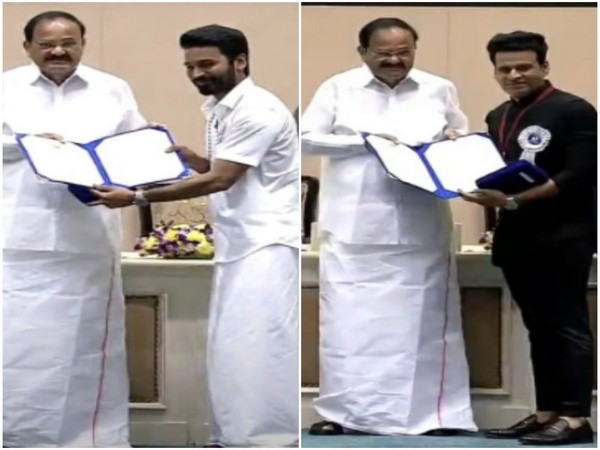 Manoj Bajpayee and Dhanush receiving Best Actor Awards 