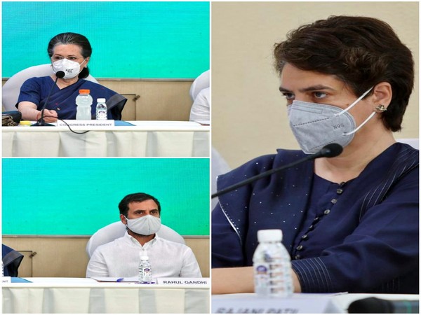 Congress interim president Sonia Gandhi, Rahul Gandhi and Priyanka Gandhi Vadra during the CWC meeting on Sunday.