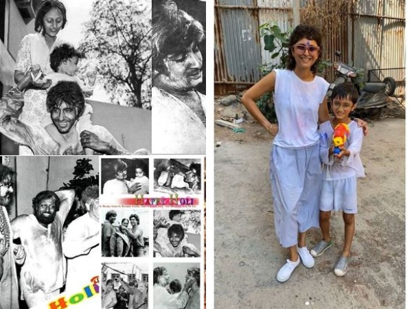 Collage of throwback Holi pictures of Amitabh Bachchan and Aamir Khan's wife Kiran Rao with son Azad Rao Khan (Image source: Instagram)