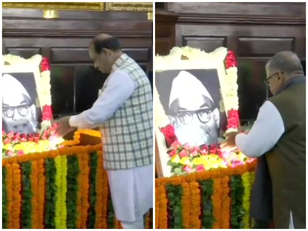 Lok Sabha Speaker Om Birla and Rajya Sabha Deputy Speaker Harivansh on Tuesday paid floral tributes to former Lok Sabha speaker MA Ayyangar, on his birth anniversary. Photo/ANI
