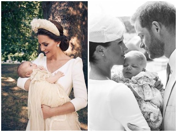 Kate Middleton holding Prince Louis wearing the christening gown and Meghan Markle along with Prince Harry and baby Archie wearing the same christening gown (Image courtesy: Instagram)