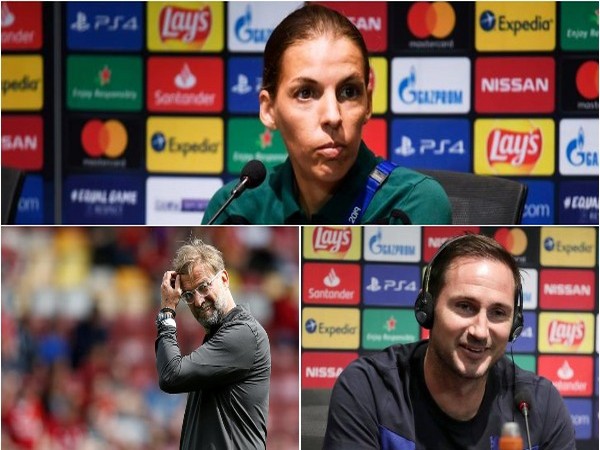 Female referee Stephanie Frappart, Liverpool manager Jurgen Klopp and Chelsea manager Frank Lampard