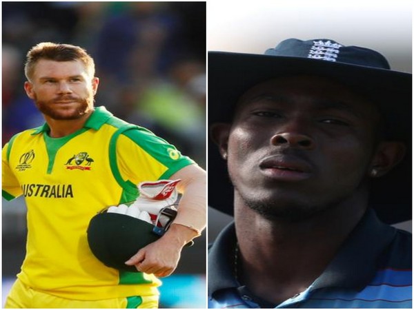 Australia batsman David Warner(L) and England pacer Jofra Archer (R)